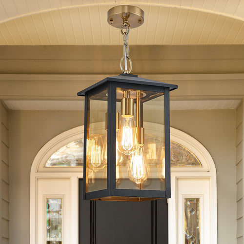 3-Light Outdoor Hanging Lantern Pendant – Farmhouse Black & Gold, Clear Glass