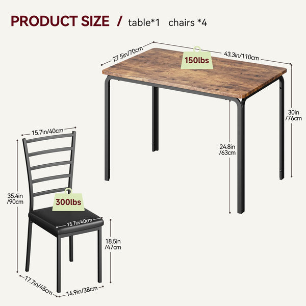 5-Piece Dining Table and Chair Set with Cushioned Chairs