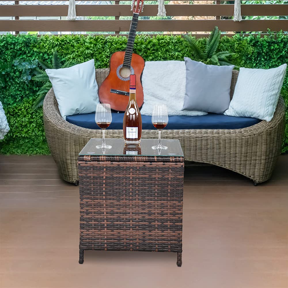 Outdoor Wicker Side Table with Glass Top