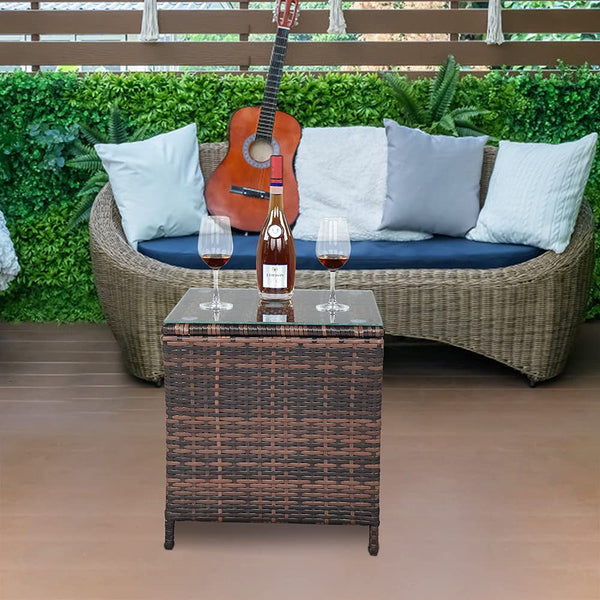 Outdoor Wicker Side Table with Glass Top