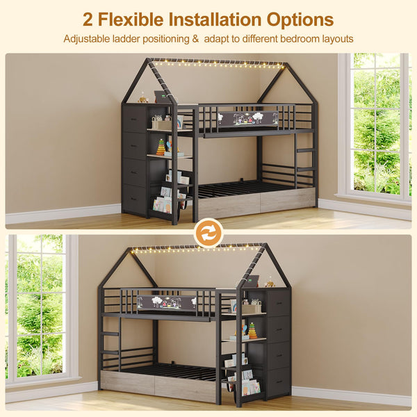 Twin Over Twin House Bunk Bed with Storage Drawers & String Lights