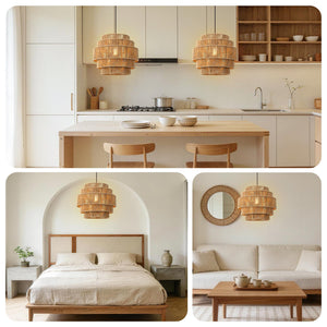 5-Tier Handwoven Rattan Pendant Chandelier 13" Boho Ceiling Light