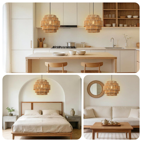 5-Tier Handwoven Rattan Pendant Chandelier 13" Boho Ceiling Light