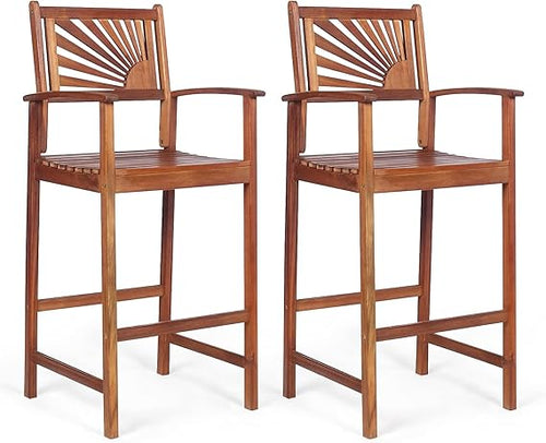 Outdoor Acacia Wood Bar Stools with Sunflower Backrest & Armrests
