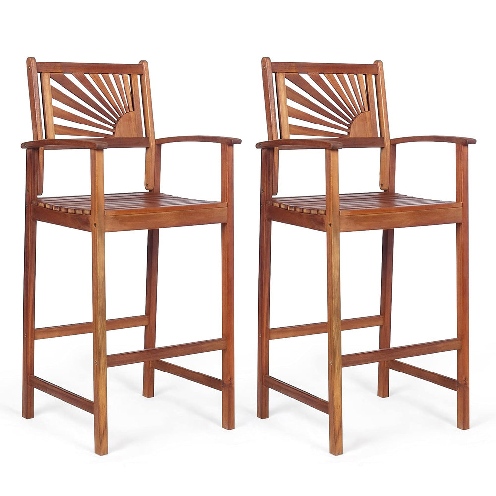 Outdoor Acacia Wood Bar Stools with Sunflower Backrest & Armrests
