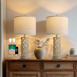 22" Dual Light Table Lamps Set of 2 with USB Charging & Touch Dimmer