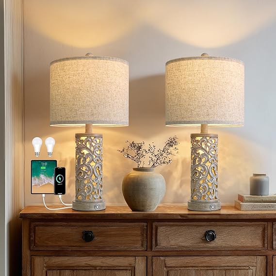 22" Dual Light Table Lamps Set of 2 with USB Charging & Touch Dimmer