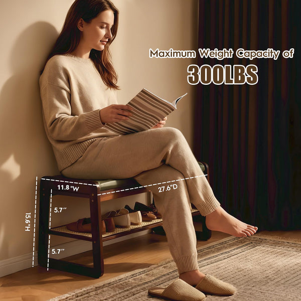 2-Tier Bamboo Shoe Rack Bench with Cushion & Hidden Storage