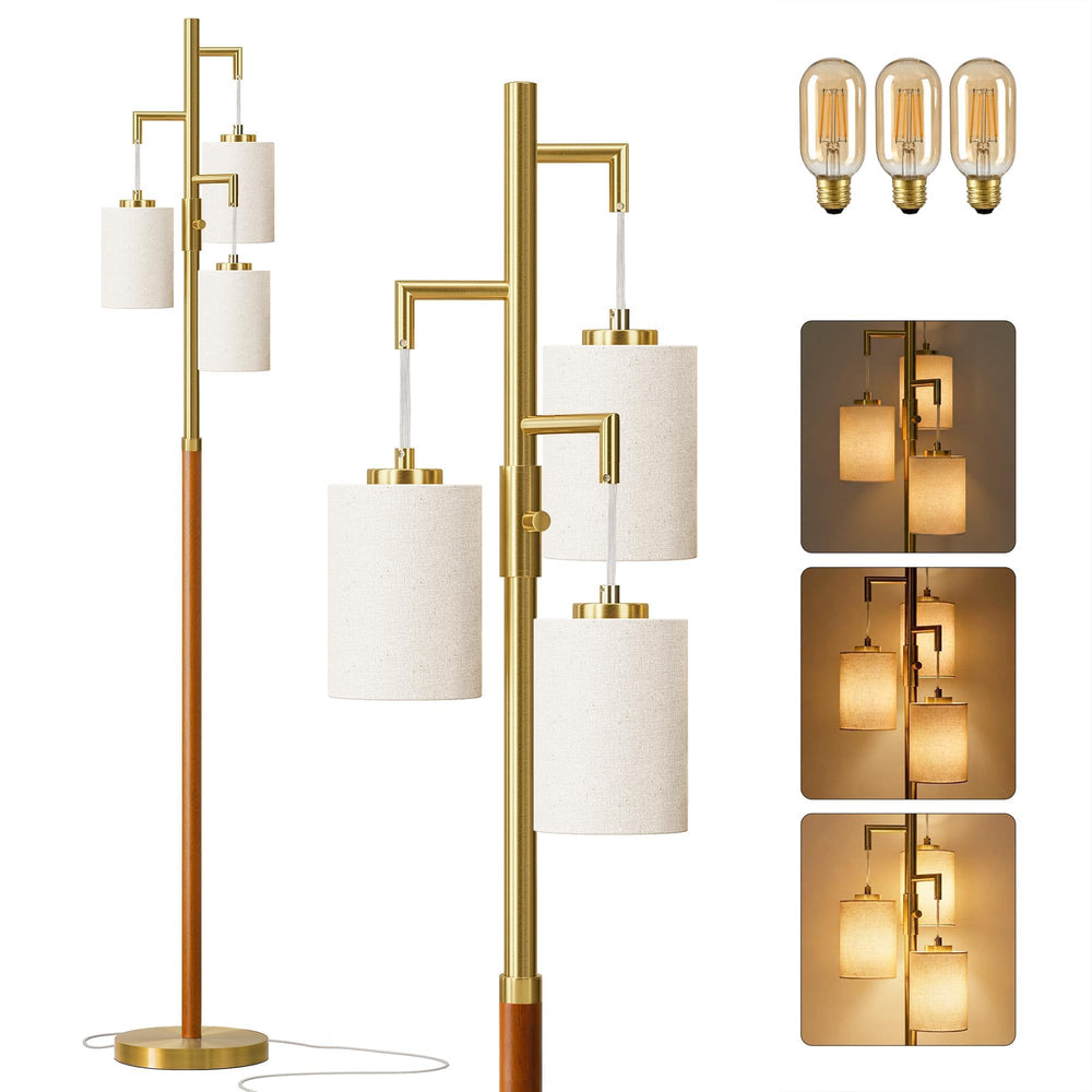 Dimmable Wood Floor Lamp with 3 Bulbs