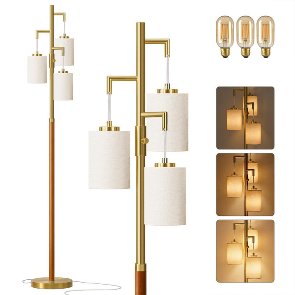 Dimmable Wood Floor Lamp with 3 Bulbs