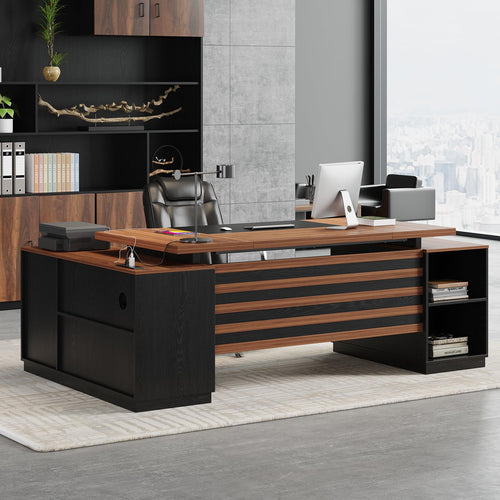 78-Inch L-Shaped Executive Desk with Storage Cabinet, Power Outlet & File Cabinet