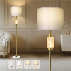 Gold Marble Base Floor Lamp with Night Light & Linen Shade