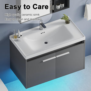 31" Floating Bathroom Vanity with LED Light & Ceramic Sink