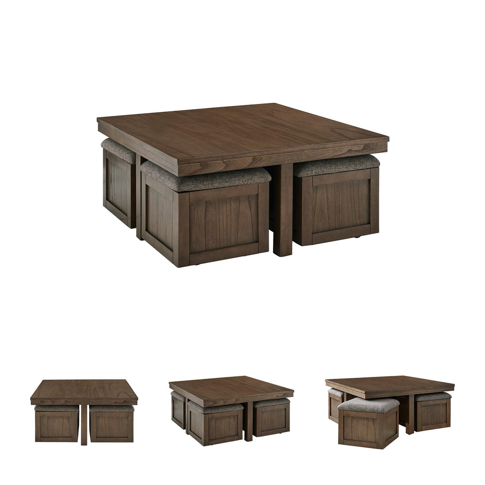 Dark Brown Coffee Table with 4 Storage Stools