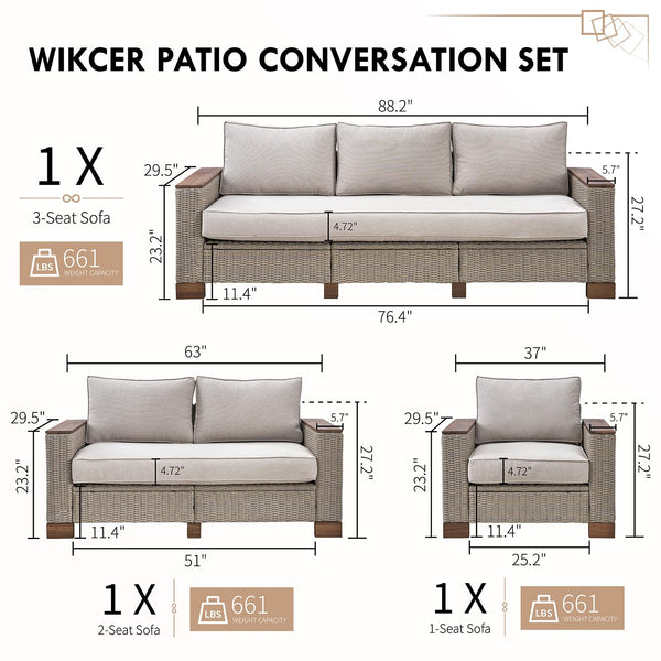 Outdoor Wicker Patio Sectional Sofa Set with Wood Armrests
