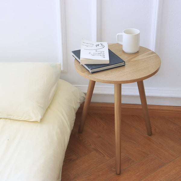 Round Wood Side Table – Small Accent End Table with 3 Legs