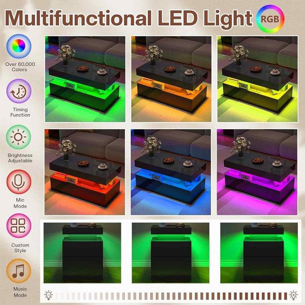 3-Piece Coffee & End Table Set with LED Light & Charging Station – Black
