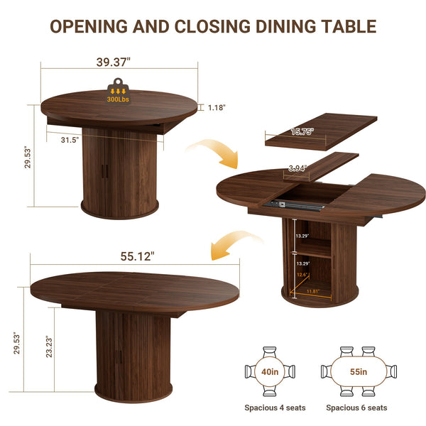 Expandable Round Oval Dining Table 40–55 Inch with Storage