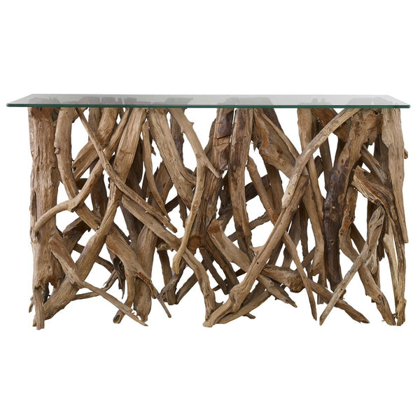Reclaimed Teak Wood Console Table with Clear Glass Top