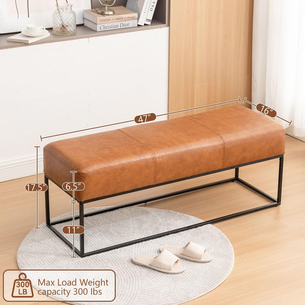 47" Faux Leather Entryway Bench with Metal Frame