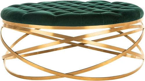 Round Velvet Tufted Ottoman with Gold Legs