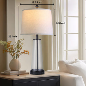 Glass Table Lamp Set of 2 with USB-C, USB-A & AC Outlet, 3-Way Touch Dimmable Bedside Lamp