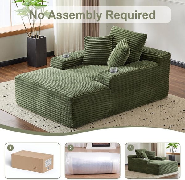 Oversized Corduroy Chaise Lounge Sofa Chair with Pillows & Cup Holders