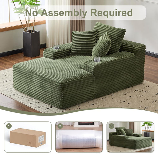 Oversized Corduroy Chaise Lounge Sofa Chair with Pillows & Cup Holders