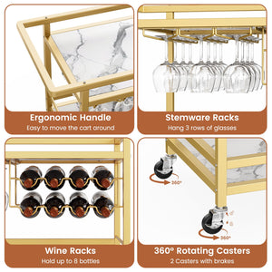 3-Tier Rolling Bar Cart with Wine Rack & Glass Holder