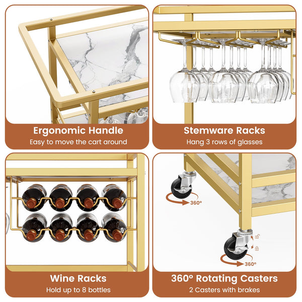 3-Tier Rolling Bar Cart with Wine Rack & Glass Holder