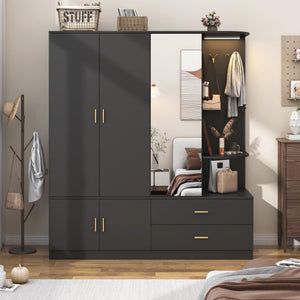 Large Wardrobe Closet with Mirror & Sensor Light – 5 Doors, 2 Drawers