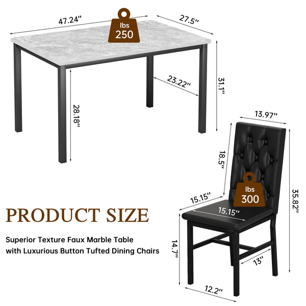 5-Piece Faux Marble Dining Table Set with Button Tufted Chairs
