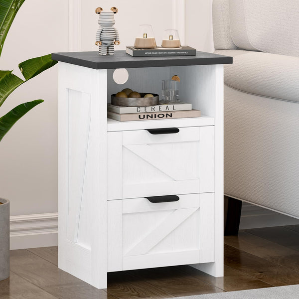 Farmhouse Nightstand Set of 2 with Charging Station & Drawers