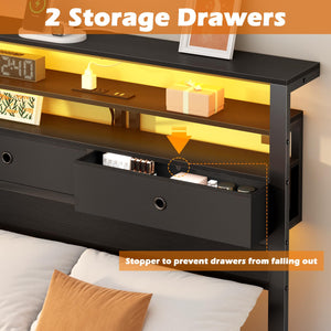 Platform Bed Frame with LED Lights, Charging Station & Storage Headboard