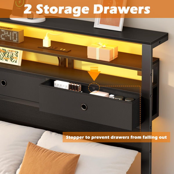 Platform Bed Frame with LED Lights, Charging Station & Storage Headboard