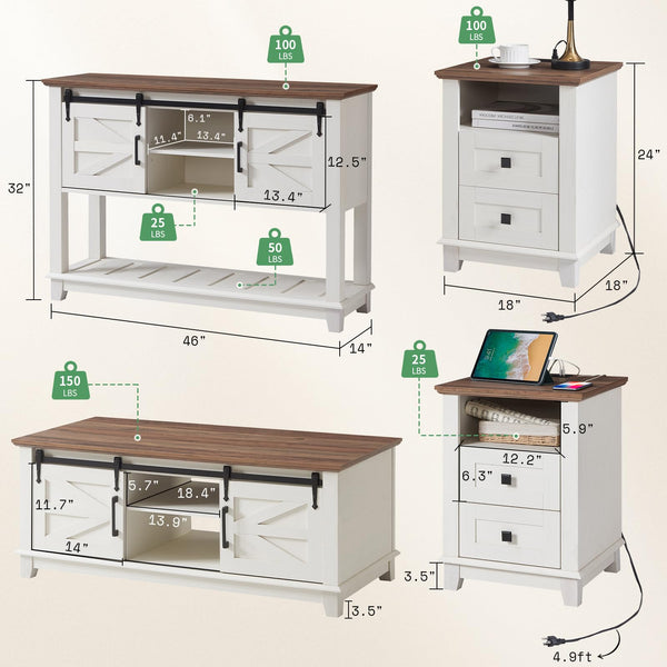 Farmhouse 4-Piece Living Room Furniture Set with Console, End Tables & Coffee Table