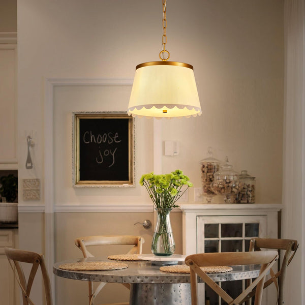 Cream White Fabric Drum Pendant Light – 3-Light Chandelier with Antique Brass Finish