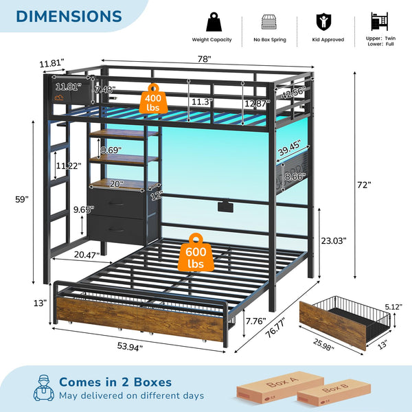 Twin Over Full Metal Bunk Bed with Storage Drawers, Bookshelf & LED Lights