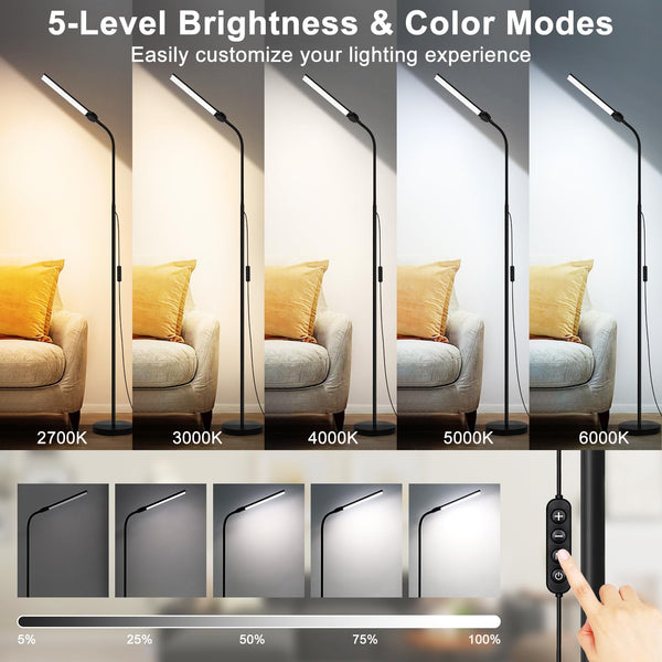 LED Floor Lamp, 18W/2000LM Bright Reading Floor Lamp for Office with Double Head, Adjustable Gooseneck Dimmable Modern Standing Light for Lash Extension Craft, Eye Caring Floor Lamps for Living Room