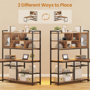 L-Shaped Computer Desk with LED Light and Bookshelf