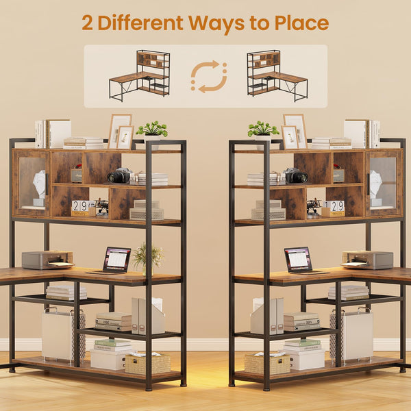 L-Shaped Computer Desk with LED Light and Bookshelf