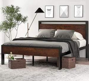 Metal Platform Bed Frame with Wooden Headboard & Footboard