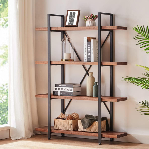 4-Tier Industrial Solid Wood Bookcase