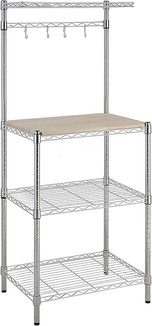 3-Tier Kitchen Baker's Rack with Wood Shelf and Chrome Wire Shelves