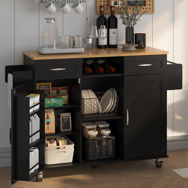 Rolling Kitchen Island with Storage Cabinet & Drop Leaf