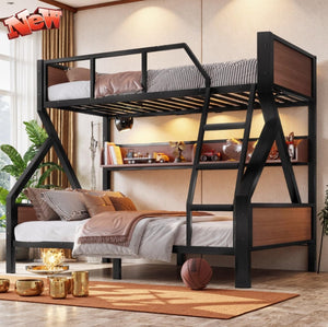 Metal Bunk Bed with LED Light & Storage Shelf