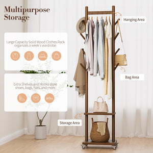 Solid Wood Rolling Coat Rack with Hooks & Shelves