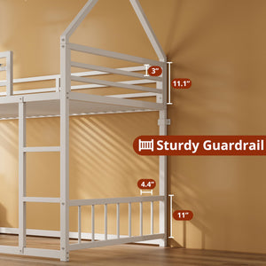 Twin Over Twin House Bunk Bed with Metal Frame, Ladder & Guardrail