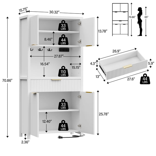 Fluted Pantry Cabinet with Charging Station, Adjustable Shelves & Storage Drawers