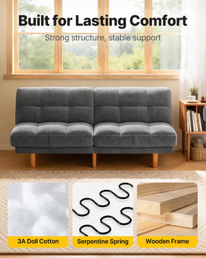65" Convertible Futon Sofa Bed – Corduroy Fabric, Grey